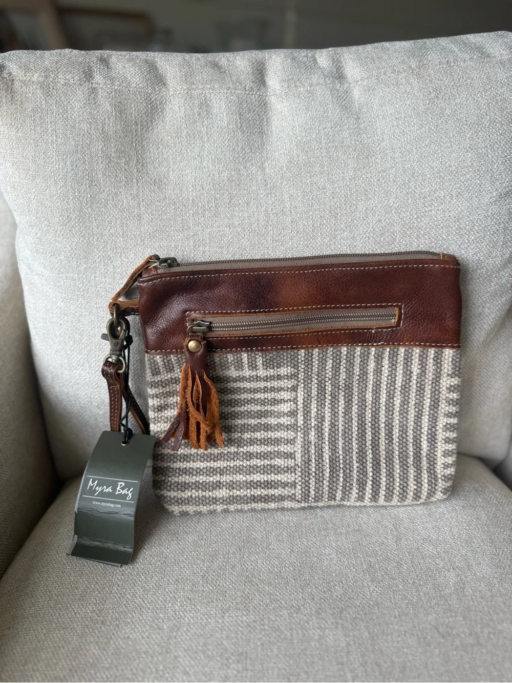Myra Bag Brown Leather & Beige Gray Woven Wristlet Clutch with Tassel